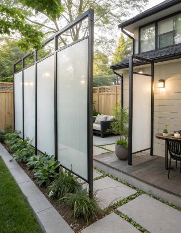Frosted glass privacy panels in a compact courtyard