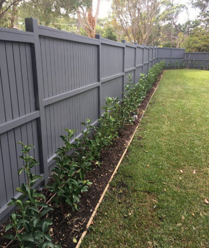 Grey painted paling fence with a planted garden border